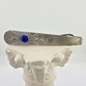 80‎ Yr Old ANSON Tie Bar Clip Clasp 925 Sterling Silver Blue Crystal Diamond Cut